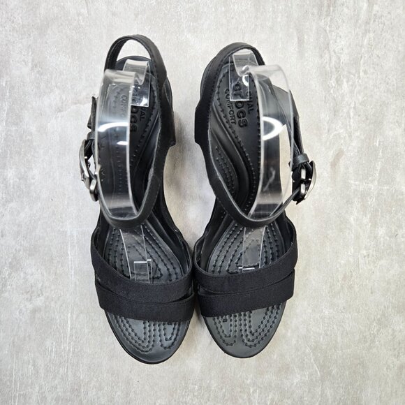 Crocs Ankle Strap Wedge Sandal 9 Black Open Toe Strappy Retro Comfort Platform - Picture 2 of 11